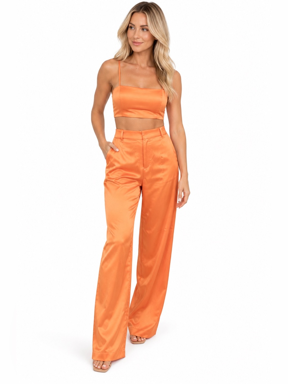House of Harlow 1960 Orange Satin Crop Top Wide Leg Pant Set | NWT S & M